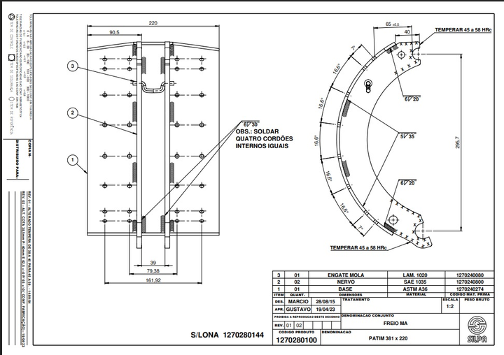 Patin freno acero 220mm s/rodillo. - Imagen principal